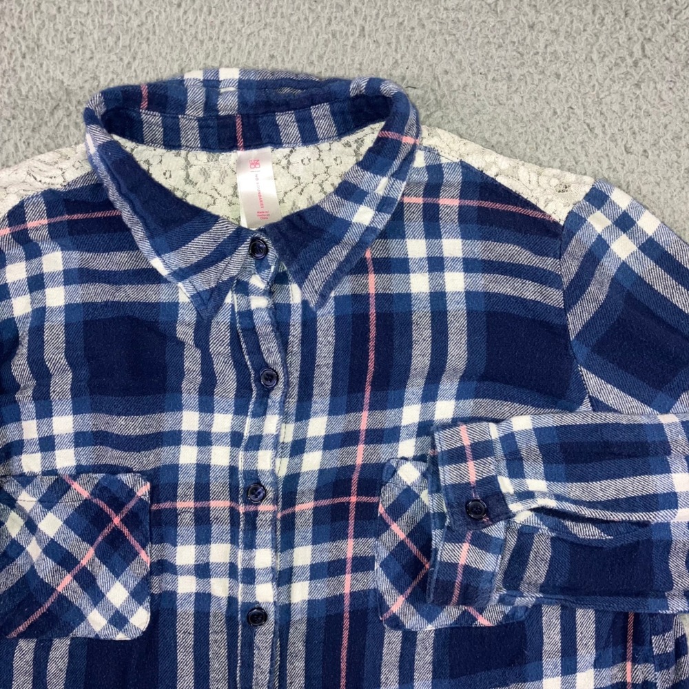 Plaid Flannel Shirt Women XL Navy Blue Pink Lace Shoulder Accent Western Boho